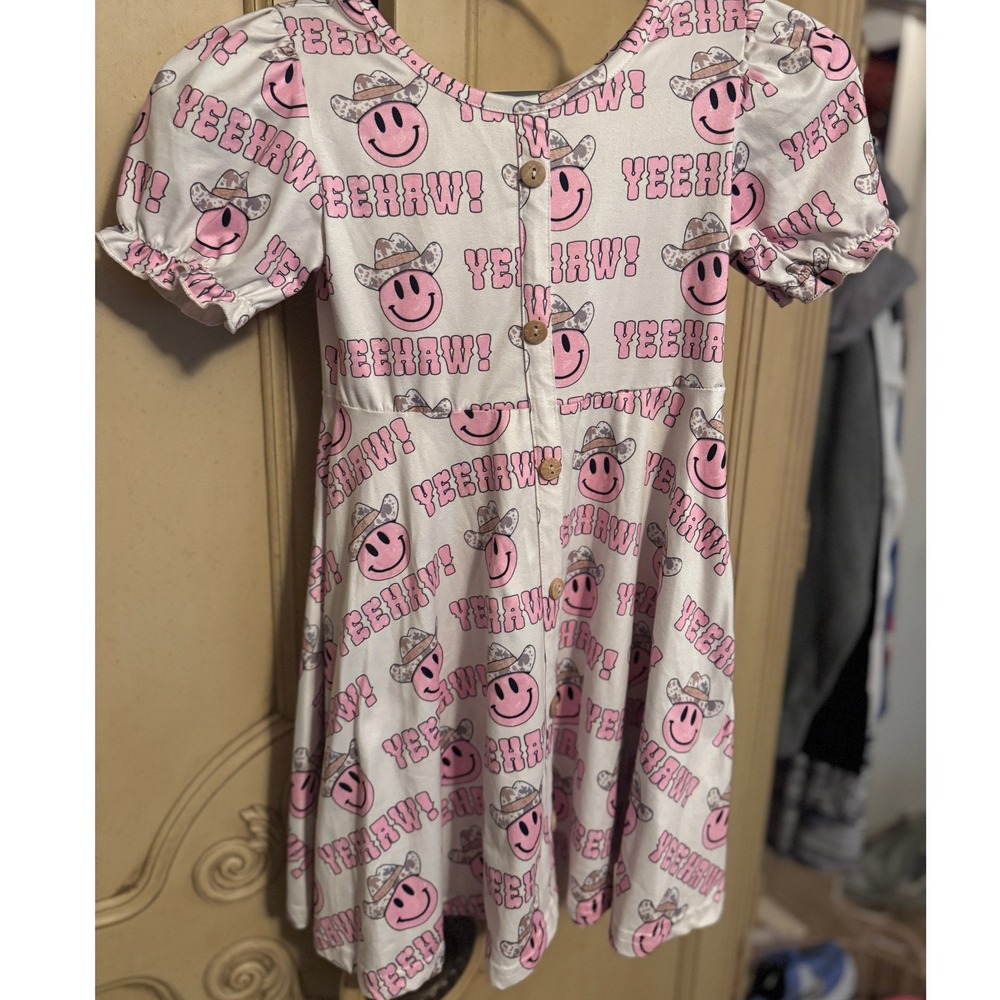 Kids Pink Yeehaw Cowboy Smiley Face Dress Western Puff Sleeve Button Front 2XL